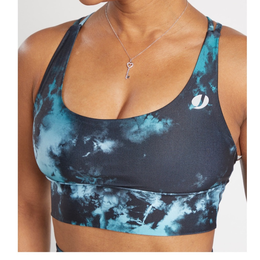 Onzie ARABESQUE BRA -JAZZERCISE, size large sports bra teal and black space dye